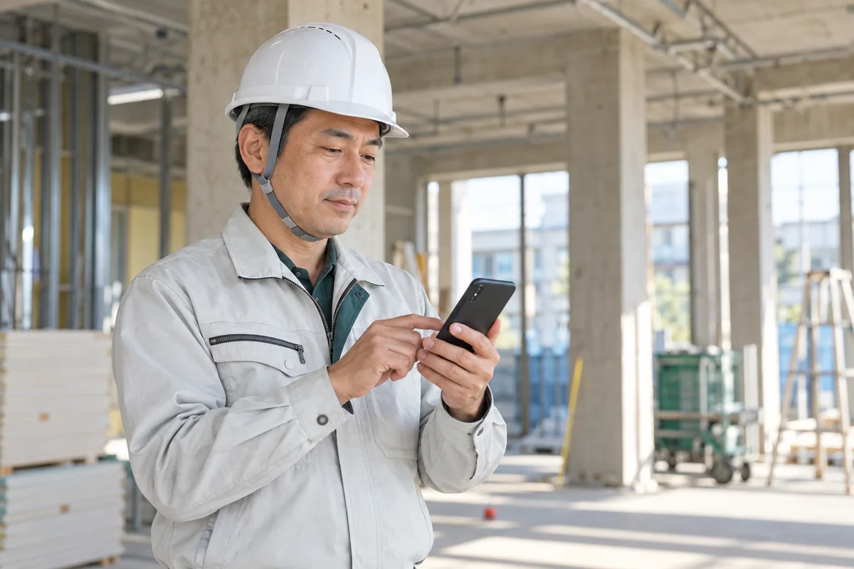 現場でスマートフォンから業務連絡をする作業員のイメージ