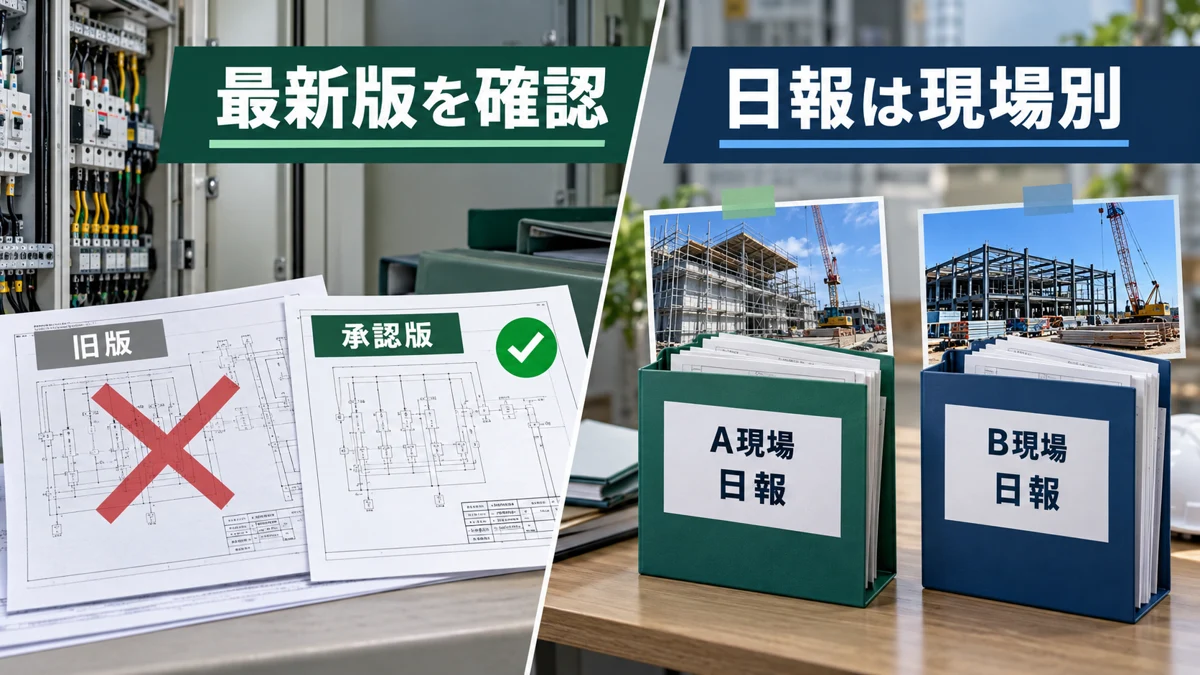 回路番号を、図面・写真・試験記録でそろえるを業務の場面で確認する説明イメージ