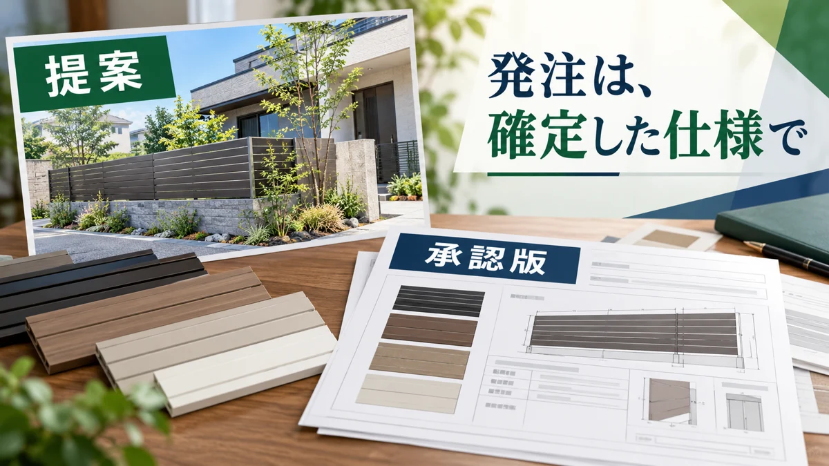 提案画像と発注仕様は別の資料にするを業務の場面で確認する説明イメージ