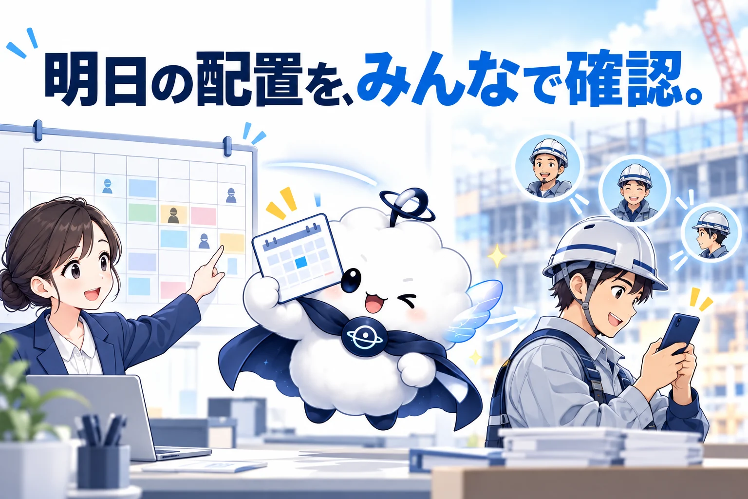 事務所の配置予定を現場の作業員がスマートフォンで確認するイメージ