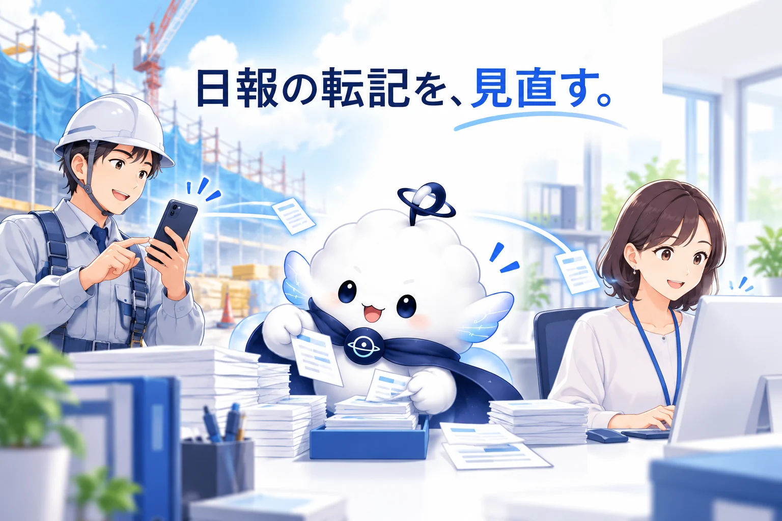LINEで報告する現場と、その報告をAIが整理し事務担当者が確認するイメージ