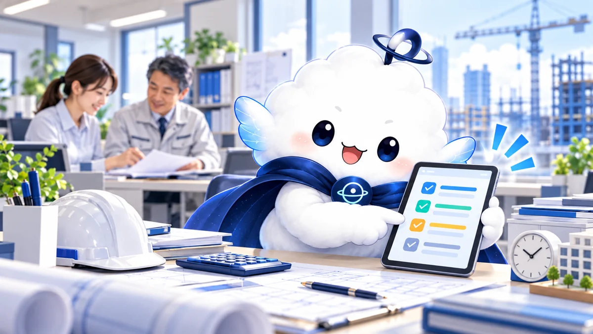 書類を整理するORBITのAIマスコットと建設会社の事務所のイメージ