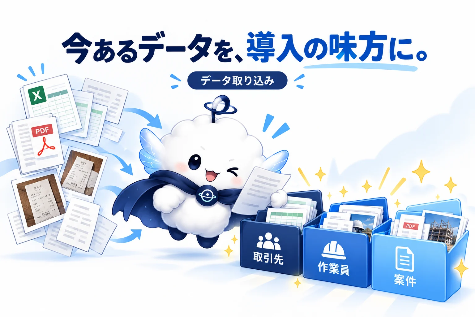 既存の表やPDF、写真をAIが読み取り取引先、作業員、案件として整理するデータ取り込みのイメージ