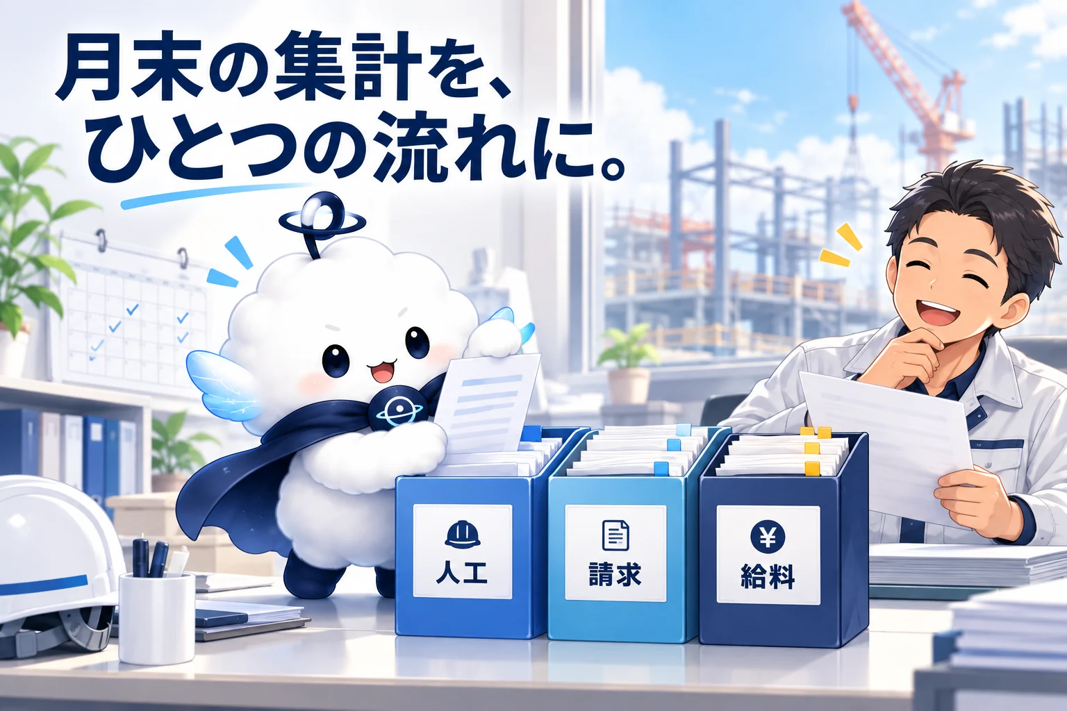 人工、請求、給料の資料をORBITのキャラクターが整理する月末事務のイメージ