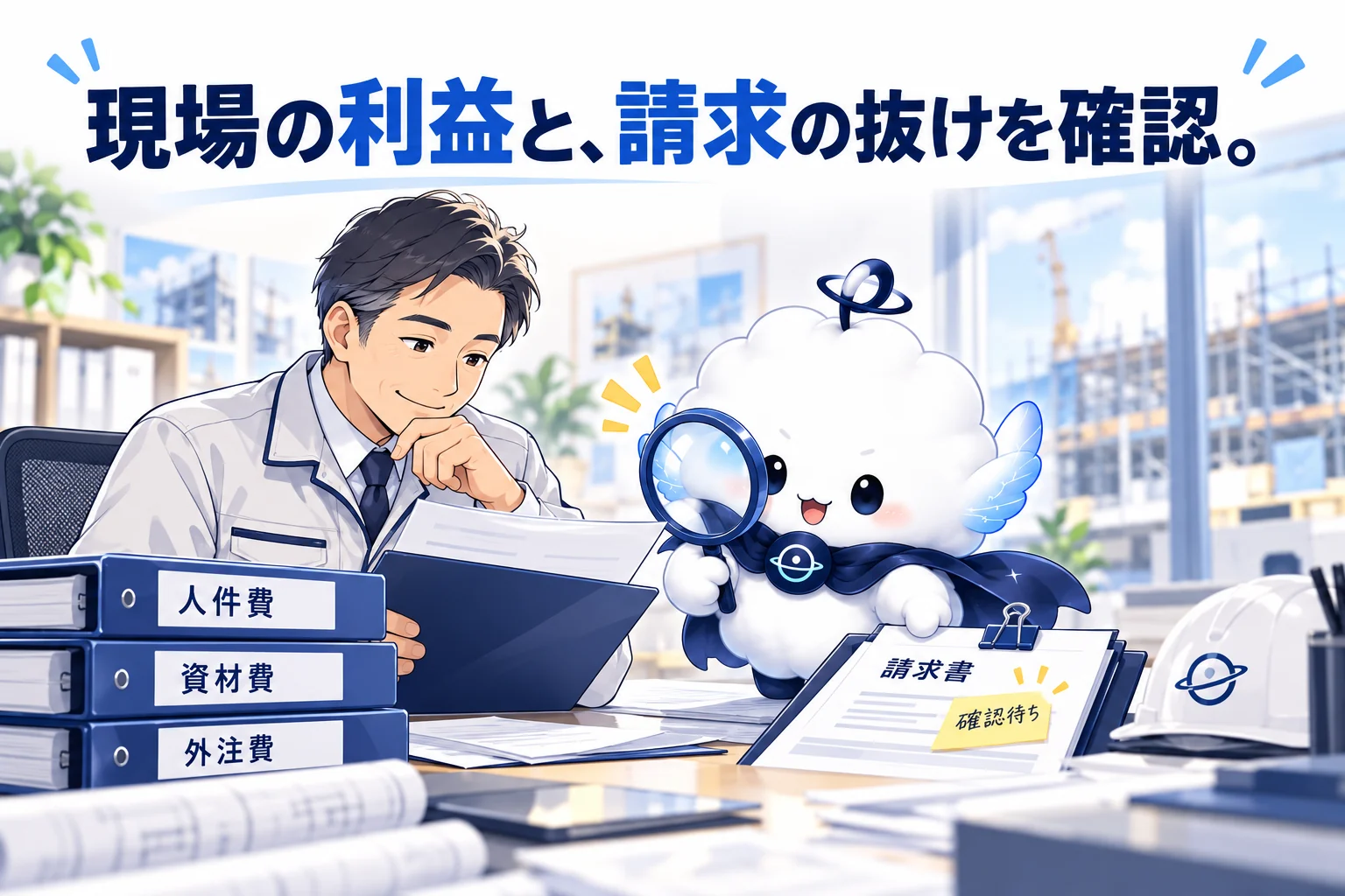 経営者が現場の費用を確認しORBITのキャラクターが未処理の請求を点検するイメージ