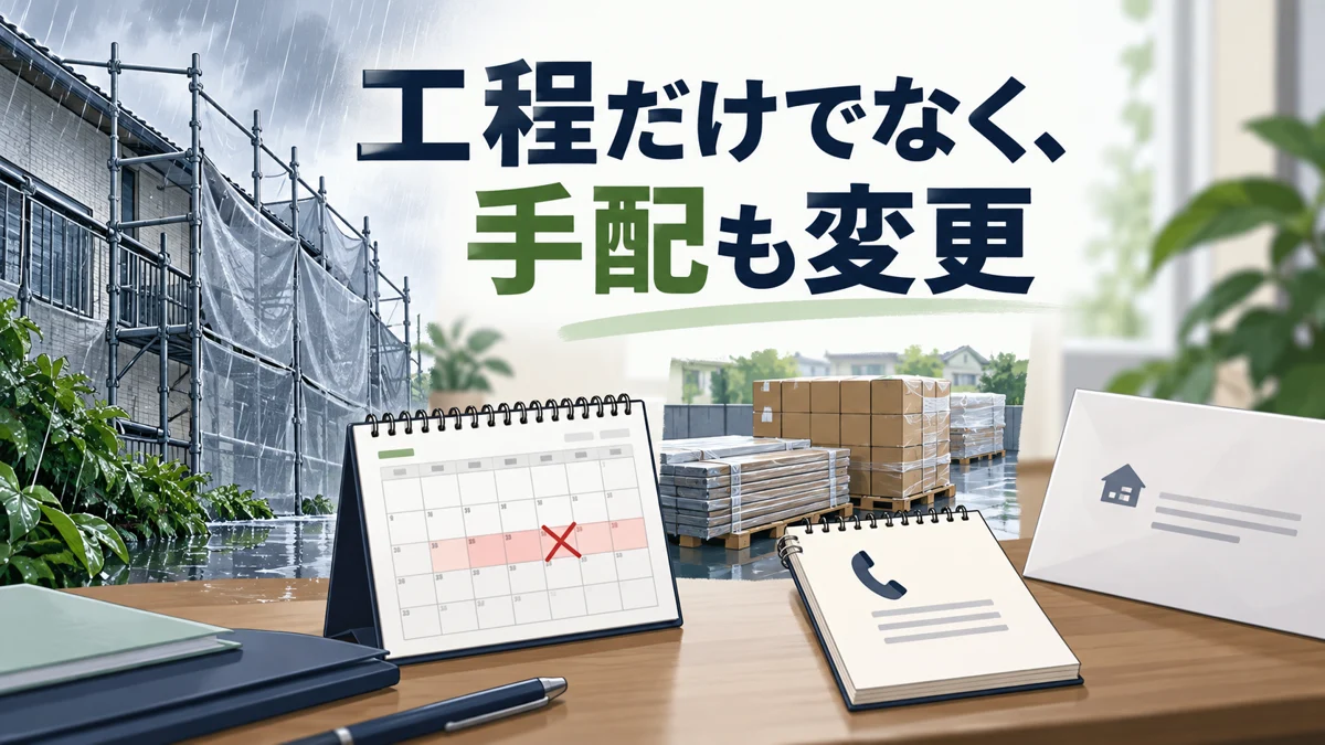 雨天変更は、予定・手配・案内を一組で直すを業務の場面で確認する説明イメージ