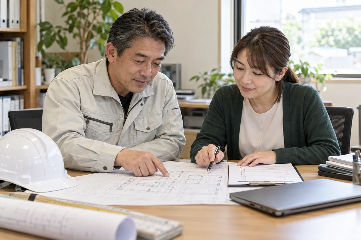 現場の予定を図面とチェック項目で調整する担当者のイメージ