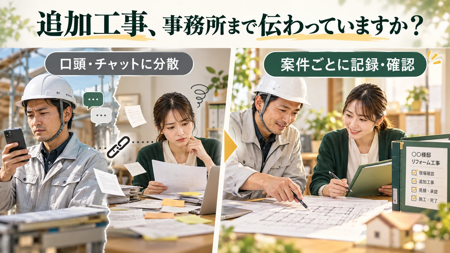 追加工事の情報が口頭やチャットに分散する状態と、案件ごとに記録して事務担当へ伝える状態を比較したイラスト