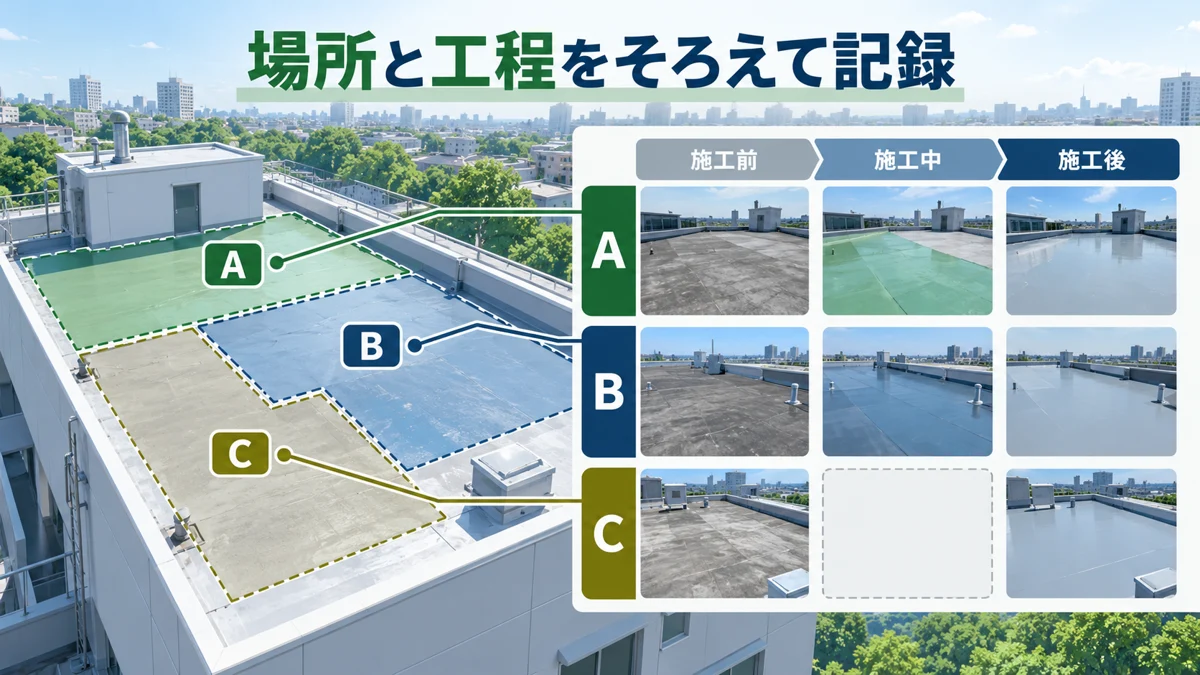 施工範囲を、写真だけでなく位置で残すを業務の場面で確認する説明イメージ